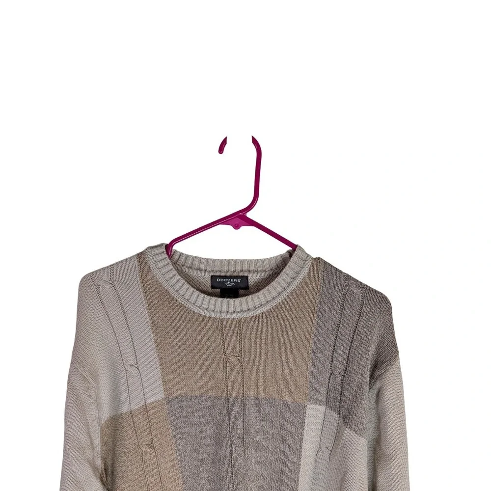 Dockers Sweater Mens XL Beige Colorblock Cable Knit Cotton Crew Neck Pullover